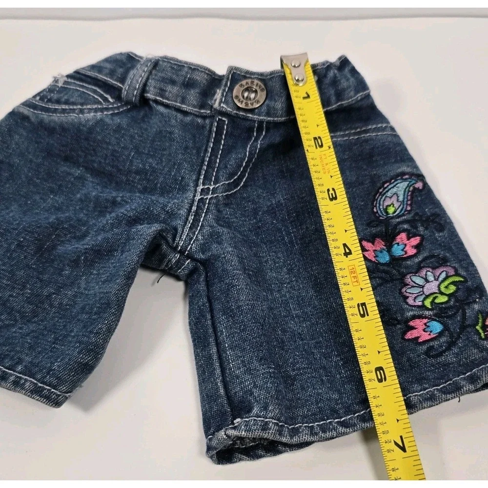 Build A Bear Jean Shorts Denim Elastic Waist Button Tail Hole Embroidery Paisley